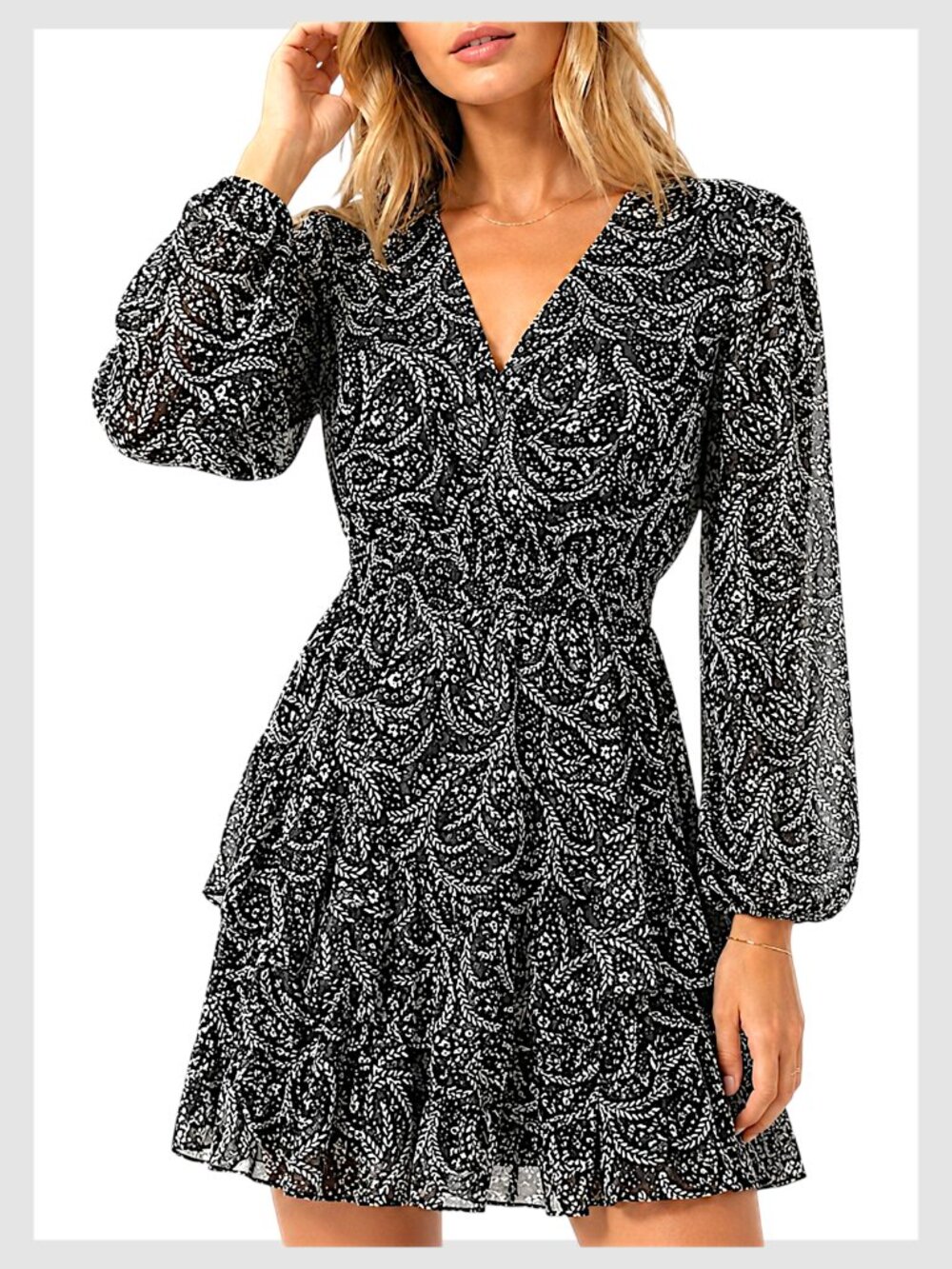 Aqua Black White Floral Ruffle Mini Dress Long Sleeve XS - Picture 10 of 10